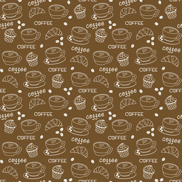 A Cup of coffee with a heart and a saucer, coffee beans, a croissant and a muffin. White on a coffee-colored background. Vector seamless pattern for printing on packaging or fabric. Graphic image