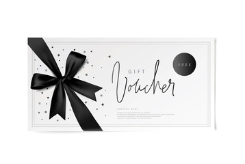 black vector voucher design with a bow - obrazy, fototapety, plakaty