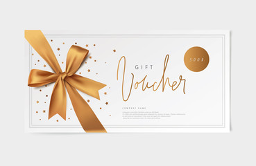 gold vector voucher design with a bow - obrazy, fototapety, plakaty