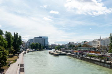 Beautiful view of Danube river from bridge in Vienna, Austria, summer day