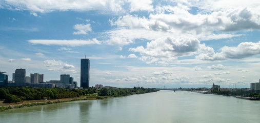 Fototapeta premium Beautiful view of Danube river from bridge in Vienna, Austria, summer day
