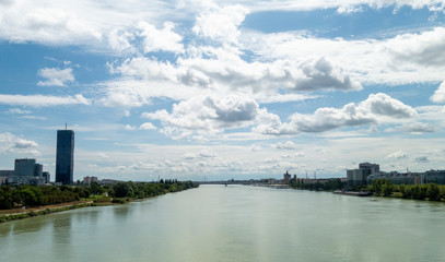 Naklejka premium Beautiful view of Danube river from bridge in Vienna, Austria, summer day
