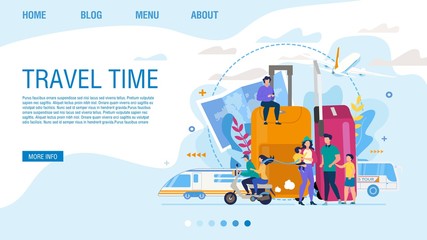 Landing Page Offering Exciting Travel Time. Design for Tour Agency Organizing Trip for Two or Family. People Travelling by Scooter, Bus, Train, Airplane over World. Booking Mobile App Online Service