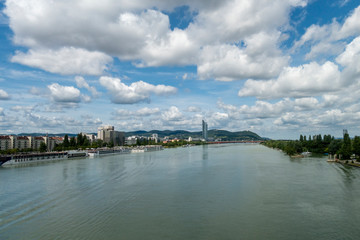 Beautiful view of Danube river from bridge in Vienna, Austria, summer day