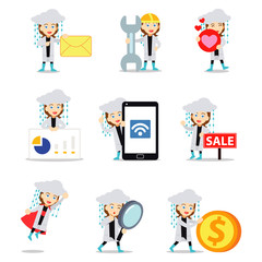 Set character of woman walking under the umbrella in rainy day.