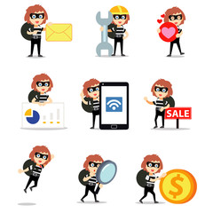 Set character of female robber try to steal money on a bank.