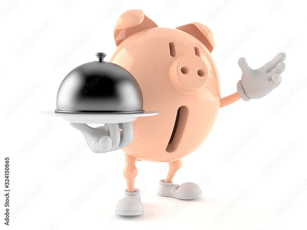 Sticker piggy bank character holding catering dome