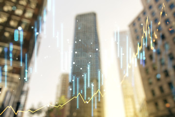 Multi exposure of abstract financial graph on office buildings background, forex and investment concept