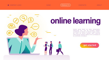 Online learning concept. Landing page design template. People at laptop, books, lady teacher metaphor, video, social media, communication icons. Vector flat illustration.
