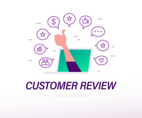 Customer review concept with laptop, human hand thumb up, business and positive feedback line icons isolated on white background. Vector flat illustration.