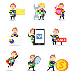 Set character of man loves playing rubix cube for years.