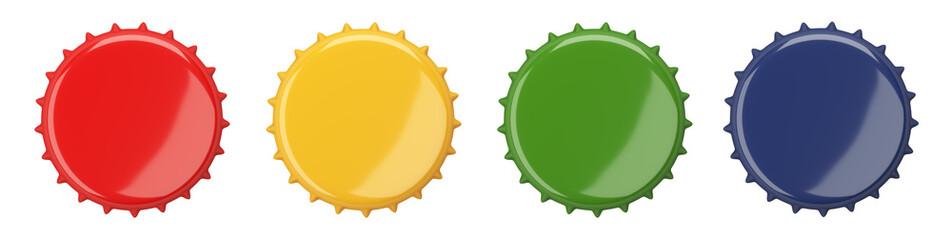 Colored bottle cap, blank label. Icon set. Top view. Template design.