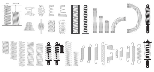 A big set of steel metal spring coil design elements. Coil spring cable icons set. Outline coil spring cable icons for web. seat spring on white background . Vape or machine steel coil, twisted spiral - obrazy, fototapety, plakaty