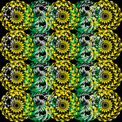 Creative composition with the image of multi-colored patterns on a black field. Abstraction. Graphic design. Seamless background.