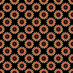 Creative composition with the image of fantastic flowers on a black field. Abstraction. Graphic design. Seamless background. Drawing for fabric.