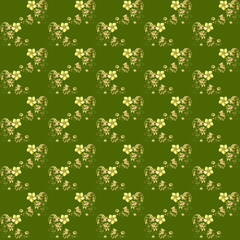 Creative composition with the image of flowers and patterns on a green field. Abstraction. Graphic design. Seamless background. Drawing for fabric.