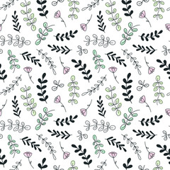 Floral seamless pattern; hand drawing twigs and flowers for fabric, wallpaper, greeting cards, textile; doodle vector illustration.