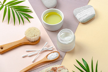 Cream and olive oil and body care products.