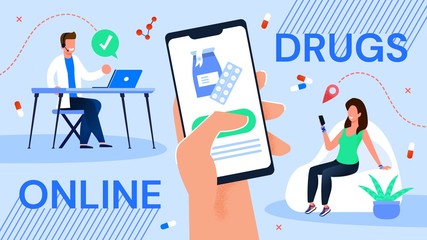 Online Drugs Order Service via Mobile Application. Pharmacy Drugstore Technical Support and Client Consultation. Woman Making Pharmaceutical Purchase via Smartphone. Pharmacist Serving Customer