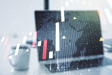 Abstract creative financial graph with world map on modern computer background, financial and...