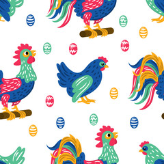 EASTER PRINT Holiday Cock And Chicken Ethnic Spring Cartoon Seamless Pattern Vector Illustration for Textile and Digital Paper