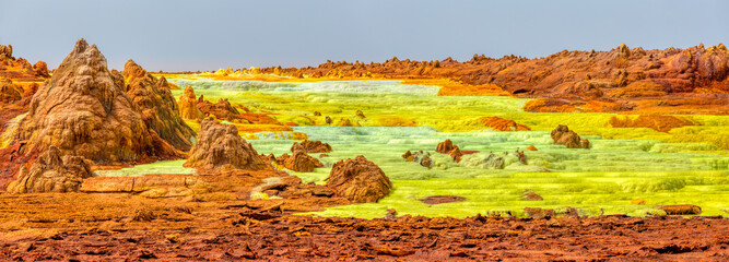 Colorful incredible abstract apocalyptic landscape like moonscape of Dallol Lake in Crater of...