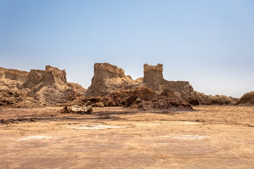 High rock formations rise in the Danakil depression like stone rock city. Landscape like Moonscape, Danakil depression, Ethiopia, Africa