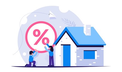 Mortgage problem concept. Large percentage creates difficulties. Recovery of banking for posts. Risk of being left without a house or apartment. Vector isolated illustration