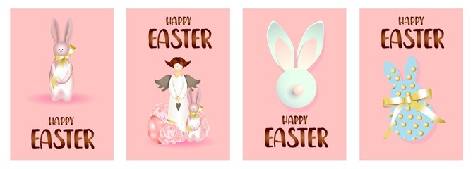 Fototapeta na wymiar Set of easter holiday gift cards. easter banners, web posters, flyers and brochures, greeting cards, group vibrant covers. Design with realistic easter decoration objects. Easter .