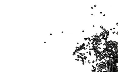 Obraz premium Dirty Oil barrel - 3d illustration. Black petroleum liquid splash. Oil production - barrel rate on world stock exchange. Spills of spilling liquid on white background. Economic Gold Currency Mining