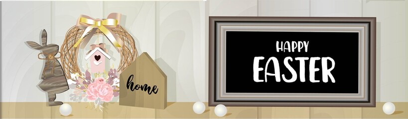 Obraz premium Easter background with text Happy Easter. Wooden rabbit, pearl beads, wreath with spring flowers. eco style. gray and beige natural colors and materials. Design with realistic objects. Birdhouse