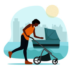 African Woman with a baby carriage on the city background in spring or summer. Vector illustration in flat style