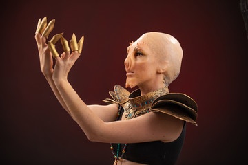 Fantastic Reptilian Girl. Creative Make up like Alien or Superhero Movie.