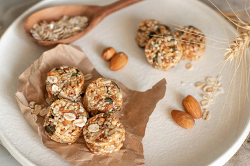 Raw vegan healthy dessert, date and nuts bliss balls, ingredients. Top view, space for text.