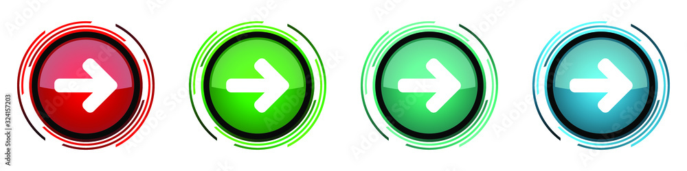 Poster Right arrow round glossy vector icons, next set of buttons for webdesign, internet and mobile phone applications in four colors options isolated on white background