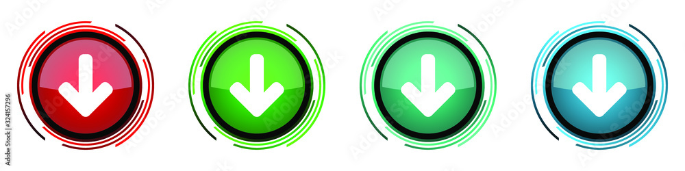 Poster Down arrow round glossy vector icons, download set of buttons for webdesign, internet and mobile phone applications in four colors options isolated on white background