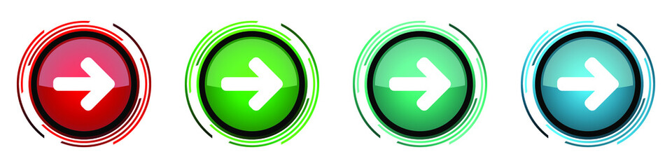 Right arrow round glossy vector icons, next set of buttons for webdesign, internet and mobile phone applications in four colors options isolated on white background