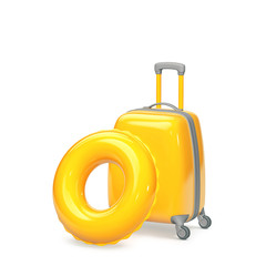 Yellow suitcase and swimming ring isolated on white. Clipping path included