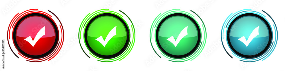 Aufkleber Accept round glossy vector icons, tick set of buttons for webdesign, internet and mobile phone applications in four colors options isolated on white background