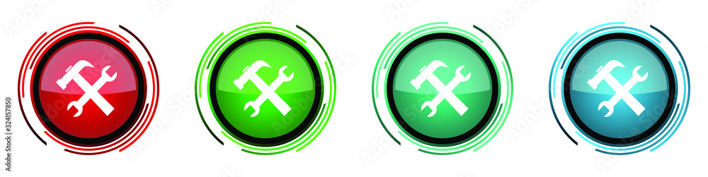 Aufkleber Tools round glossy vector icons, service set of buttons for webdesign, internet and mobile phone applications in four colors options isolated on white background