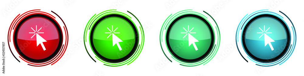 Poster Click here round glossy vector icons, set of buttons for webdesign, internet and mobile phone applications in four colors options isolated on white background
