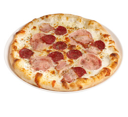Delicious pizza with salami, ham, mozzarella, isolated on white background