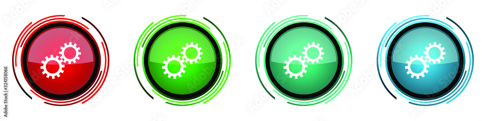 Poster Gear round glossy vector icons, cogwheel set of buttons for webdesign, internet and mobile phone applications in four colors options isolated on white background