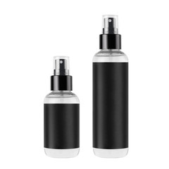 Tall, low transparent spray dispenser bottle for cosmetics with black label, isolated, mock up for branding,  presentation, design.