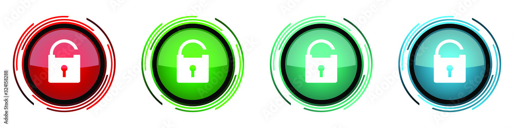 Aufkleber Padlock round glossy vector icons, security set of buttons for webdesign, internet and mobile phone applications in four colors options isolated on white background