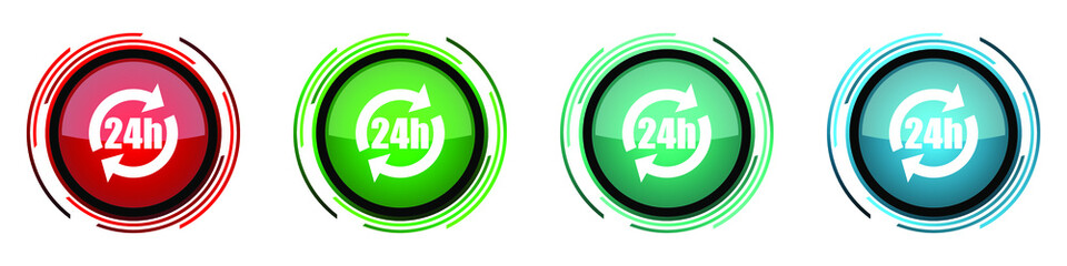 24h round glossy vector icons, set of buttons for webdesign, internet and mobile phone applications in four colors options isolated on white background