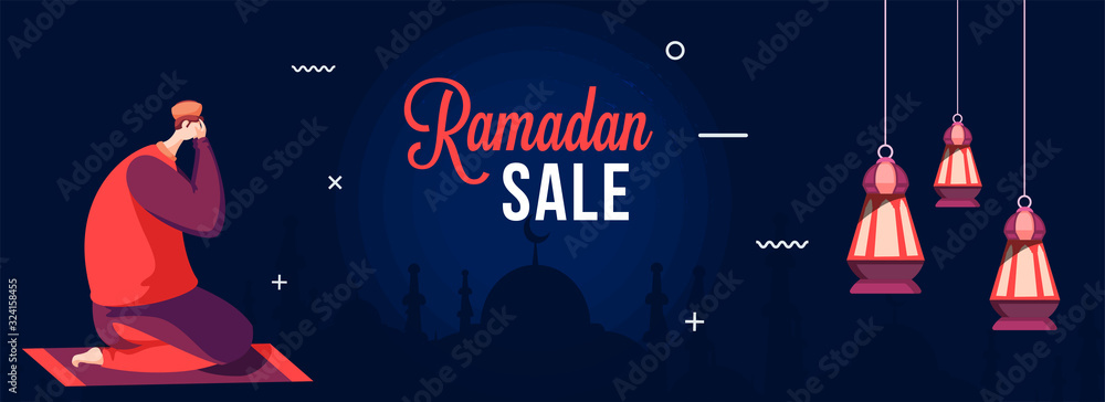 Sticker Ramadan Sale Header or Banner Design with Muslim Man doing Prayer (Namaz) on Mat in Front of Silhouette Mosque.