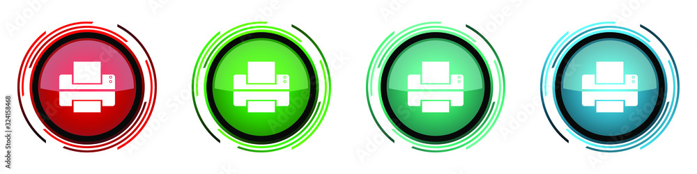 Aufkleber Printer round glossy vector icons, print set of buttons for webdesign, internet and mobile phone applications in four colors options isolated on white background