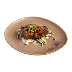 Grilled steak and beans , isolated on white.