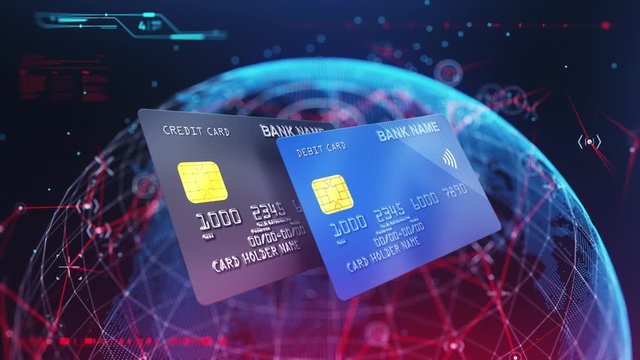 a digital scene with a globe made of wireframe and multiple colorful credit cards appear one after the other